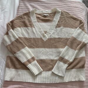 American Eagle Striped V-Neck Cozy Sweater in Cream and Tan